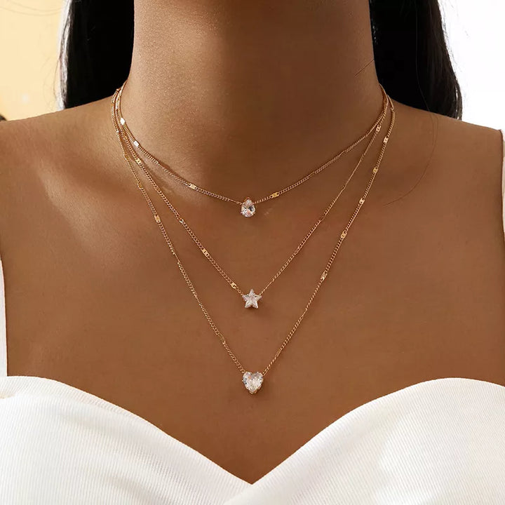 Crystal Zircon Heart Star Charm Layered Pendant Necklace Set – Elegance and Sparkle for Any Occasion